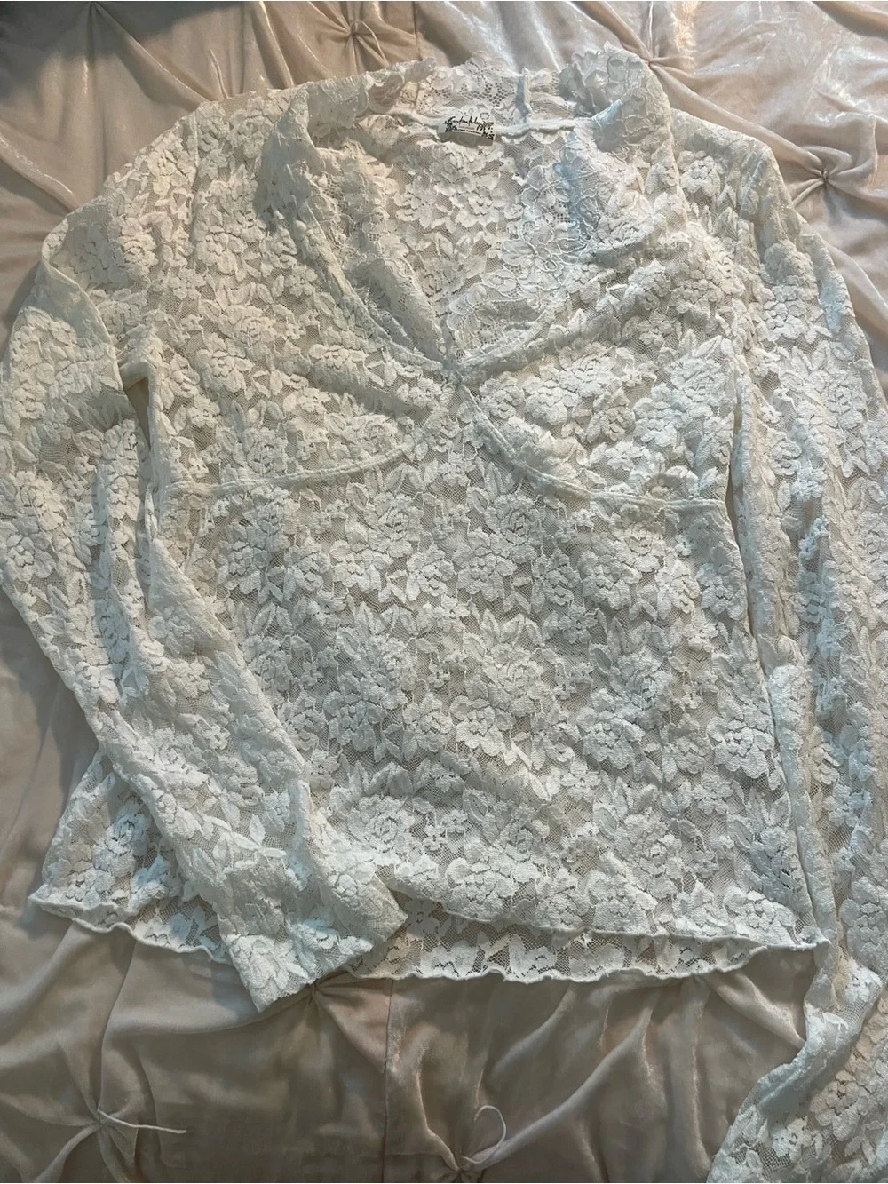 Free People All Day Lace Long Sleeve Blouse in Ivory